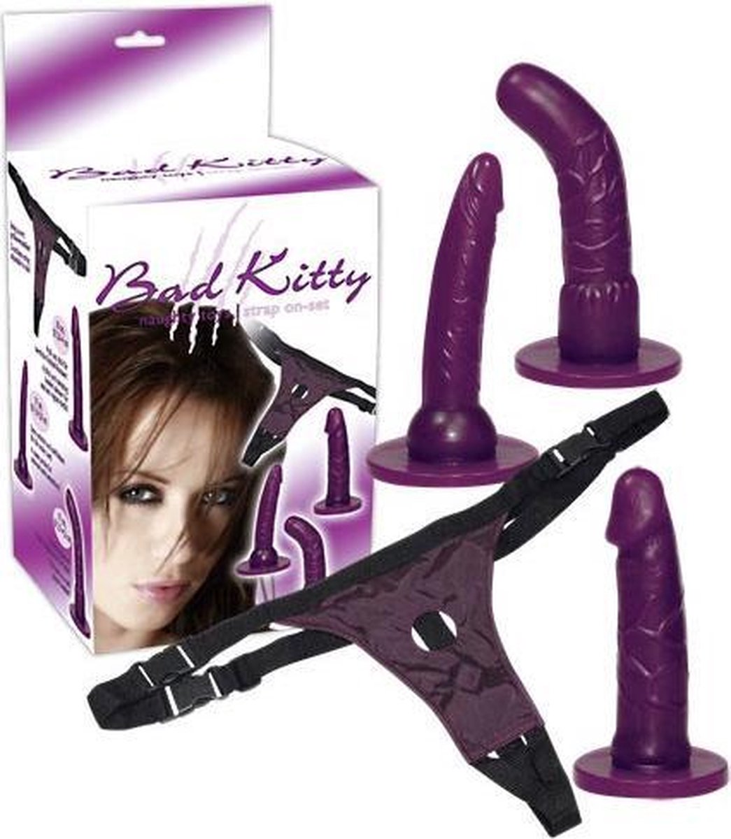 Goedkoopste Bad Kitty – Drie Delig Voorbind Dildo Set met Verstelbare String en Verschillende Dildo Varianten – Paars