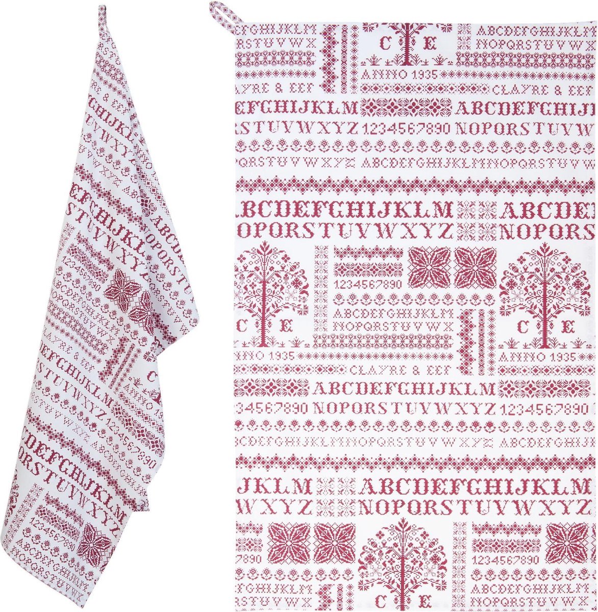 Clayre & Eef - Theedoek Keukendoek - Met kruissteek patroon - Rood - 50 x 85 cm - 3 stuks