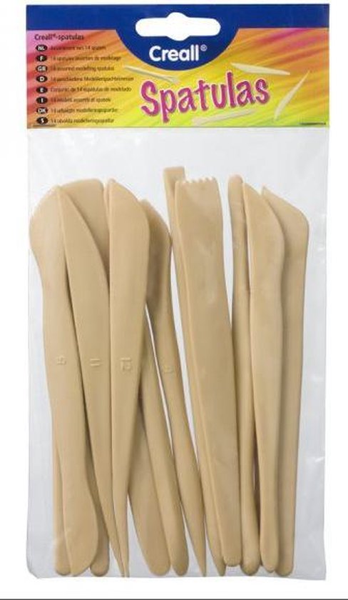 Boetseerroller - Creall modelling stick - 25cm breed + Klei Spatels - Creall-spatulas - 14 Stuks  + Klei Roller - Creall-clay roller - Gelakt Hout - Creall
