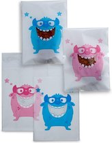 200 x Transparante Uitdeelzakjes voor kindertraktatie op school - blauw en roze Cookie Monster patroon uitdeel zakjes - 9,5 x 13 cm
