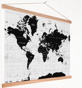 Posterhanger incl. Poster - Schoolplaat - Wereldkaart - Zwart - Wit - Atlas - Aarde - Educatief - 150x100 cm - Blanke latten