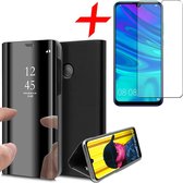 Spiegel Hoesje voor Huawei P Smart (2019) Lederen Wallet Book Case Zwart + Screenprotector Gehard Glas Tempered Glass van iCall