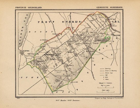 Historische kaart, plattegrond van gemeente Oldebroek in Gelderland uit 1867 door Kuyper van Kaartcadeau.com
