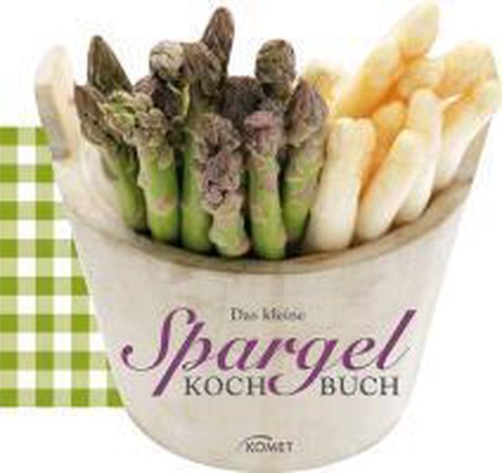 Das kleine Spargel Kochbuch. Een houten bak met groene en witte asperges. Groen-wit geblokt patroon op de achtergrond.