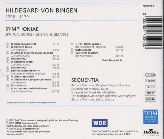 Achterkant van een albumhoes met tracklist, artiest, titel "SYMPHONIAE SPIRITUAL SONGS - GEISTLICHE GESÄNGE".