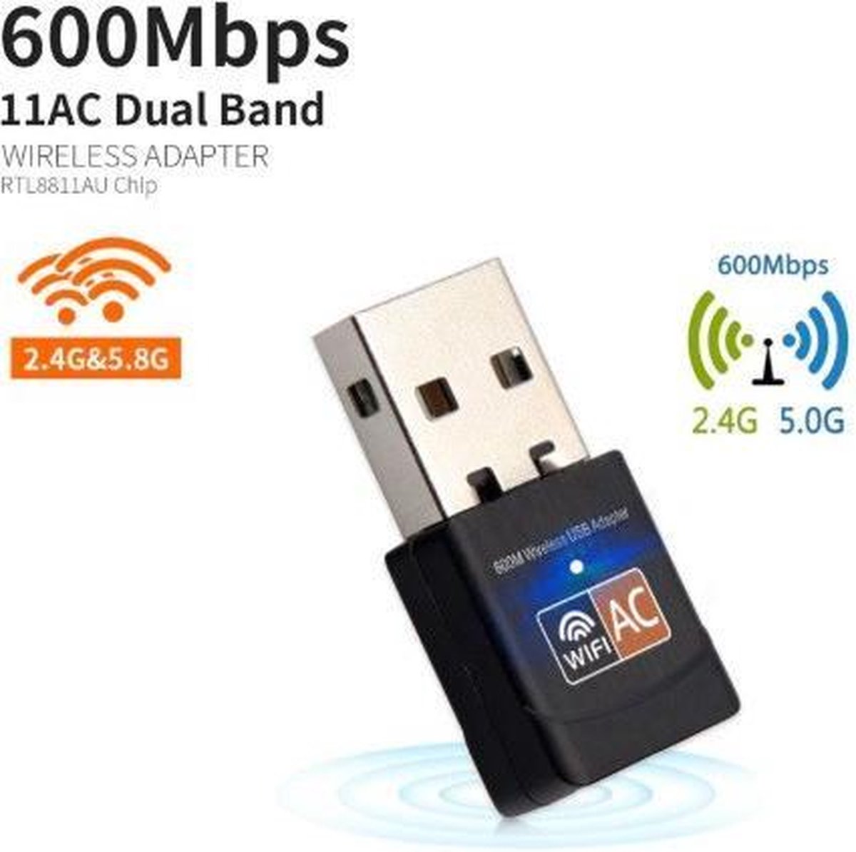 DrPhone W3 USB Draadloze Dual Band 2.4 GHz / 5 GHz WiFi-adapter (600 Mbps Ultra FAST) Superspeed Mini WiFi-Dongle voor o.a Desktop /Laptop /PC Windows 10/8/7 MAC OS / Kali Linux/ ODROID 600mbps