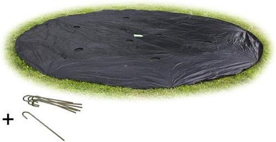 Zwarte, ronde trampolineafdekhoes op gras met haringen.