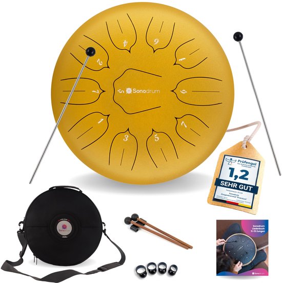 Sonodrum Handpan Drum "Standard" D-majeur in Goud - 30 cm groot met 11 tonen - Steel tongue drum incl. Liedboek, Mallets, Vingersticks en Draagtas - Geen notenkennis nodig, eenvoudig te bespelen. Tongdrum, Klankschaal