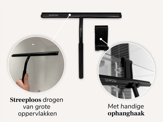 Zwarte douchewisser van sswoss met "Streeploos drogen van grote oppervlakken" en "Met handige ophanghaak".