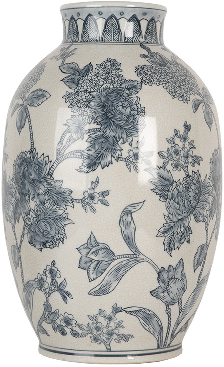 Clayre & Eef Vaas Ø 22x36 cm Wit Blauw Keramiek Bloemen