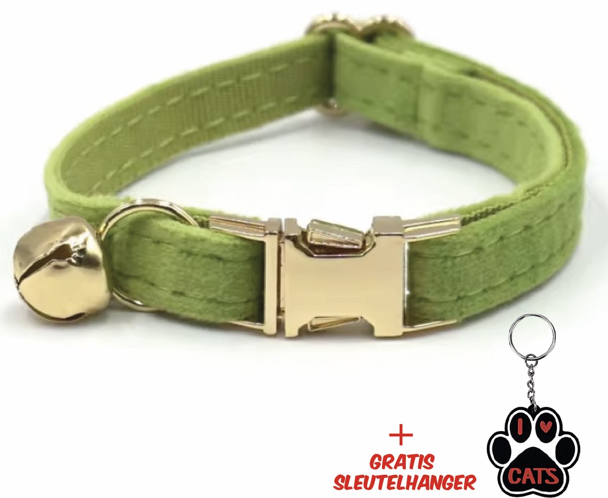 SilverAndCoco® - Licht Groene Katten Halsband met Bel met Gratis Sleutelhanger | Velvet Kat Kitten Bandje met belletje | Kattenhalsband Suède Gouden | Kleding Decoratie | Kattenbandje Huisdier - Groen / Goud