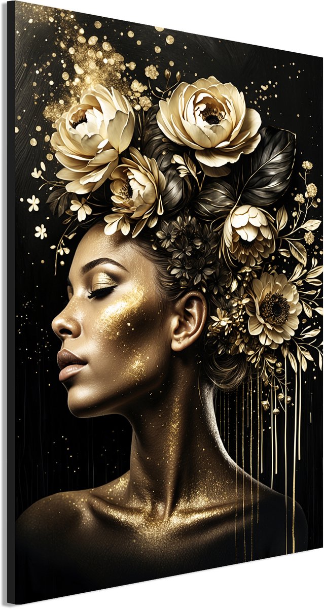 Wanddecoratie Metaal - Aluminium Schilderij Gouden bloemenpracht godin - 90 x 60 cm - Vrouw - Muurdecoratie woonkamer en slaapkamer - Inclusief ophangsysteem - Modern - Modern - Displate alternatief