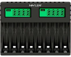 Ninzer Batterij Oplader - 8x AA/AAA Batterijen - USB Oplaadbaar - LCD Display - Universele Batterijlader voor Oplaadbare Batterijen