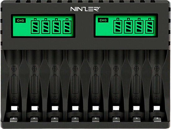 Ninzer Batterij Oplader - 8x AA/AAA Batterijen - USB Oplaadbaar - LCD Display - Universele Batterijlader voor Oplaadbare Batterijen