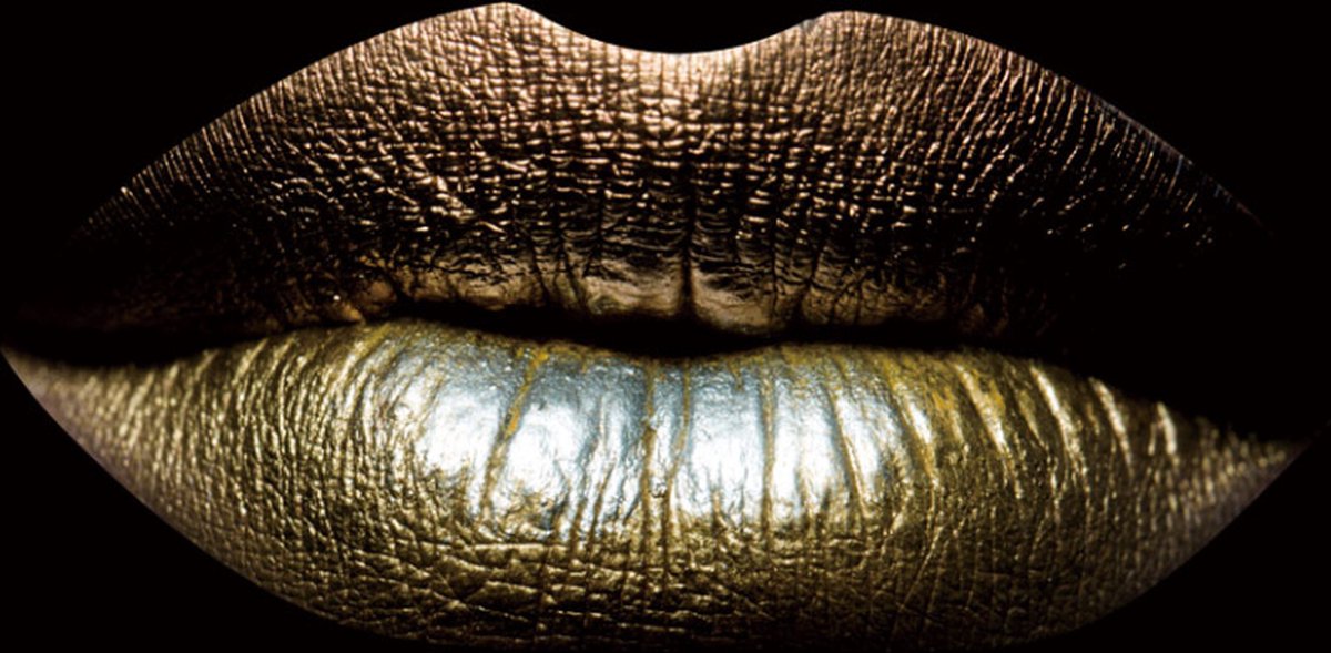 Glasschilderij - Gouden lippen - 80 x 120cm - Schilderij fotokunst -