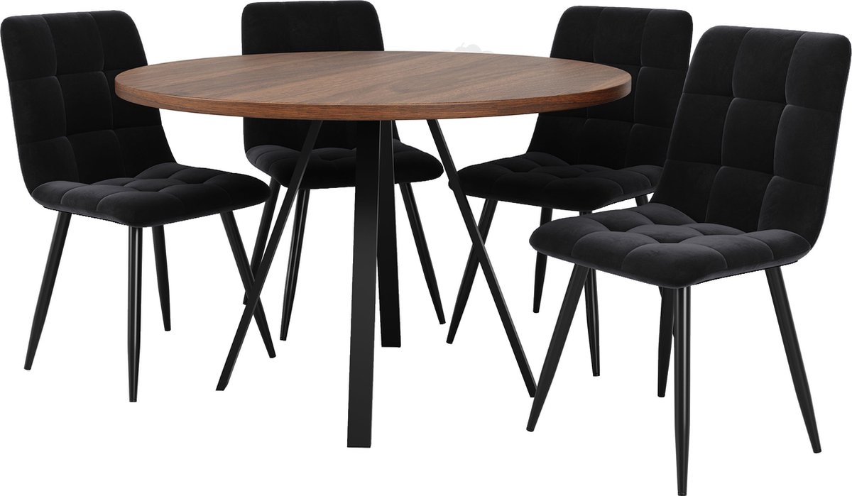 Merax Eetkamerset 5-delig – Ronde Eettafel 80x80 cm met 4 Zwarte Velvet Stoelen – Moderne