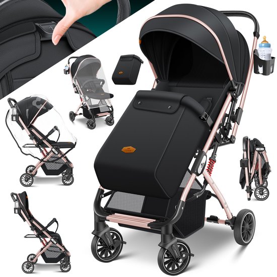 KIDIZ® Buggy 3 in 1 Kinderwagen Inklapbaar met voetenzak Baby Plooibuggy Wandelwagen inclusief Bekerhouder, regenhoes & klamboe Reisbuggy - Zwart / Champagne