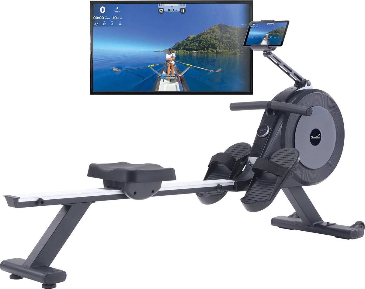 Skandika zelfgenererende roeimachine Njord P6-G | 32 elektrische weerstandsniveaus, tot 200 cm en 135 kg, compatibel met Kinomap-app, roeimachine voor thuis