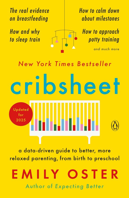 Boekcover 'Cribsheet': 'New York Times Bestseller' met titel in grote blauwe letters en een illustratie van een wiegje. Geel.