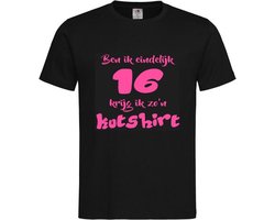 T-shirt Unisex Volwassenen Lol - carnaval - kermis - feestje - grappig - verjaardag Tekst "Ben ik eindelijk 16 krijg ik zo'n kutshirt" Op Voorkant | korte mouw | Zwart/roze | maat M