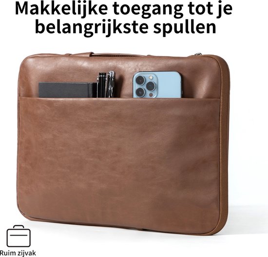 Bruine laptoptas met voorvak met telefoon, pennen en notitieboekje. Tekst: "Makkelijke toegang tot je belangrijkste spullen".