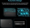 Collage van de 'futuristische design' kenmerken van een zwarte ASUS laptop: toetsenbord, detail WASD, achterkant en zijkant.