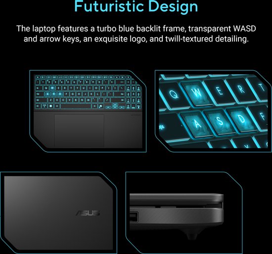 Collage van de 'futuristische design' kenmerken van een zwarte ASUS laptop: toetsenbord, detail WASD, achterkant en zijkant.