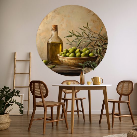 WallCircle® - Behangcirkel 120x120 cm - Muurstickers Olijven - Stilleven - Vintage - Muurcirkel woonkamer - Wandcirkel slaapkamer - Kamer decoratie zelfklevend - Muurdecoratie accessoires XXL