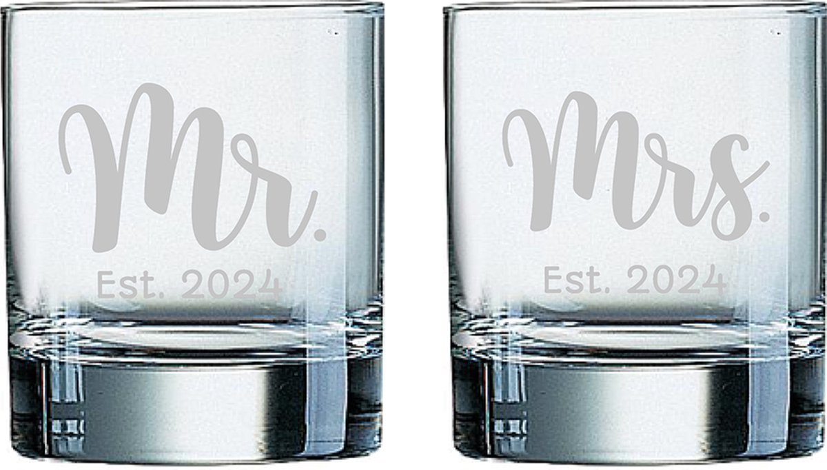 Gegraveerde set Whiskeyglazen 20cl Mr. Est. 2024 - Mrs. Est. 2024