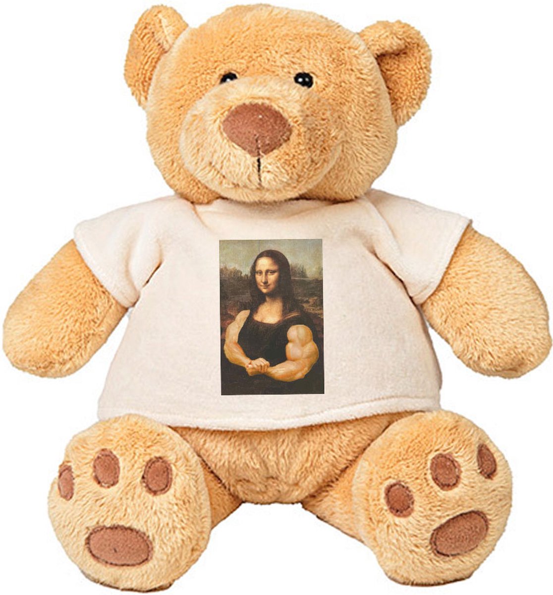 Pluche Beer Mona Lisa Portret Met Spierballen - kunst - schilderij - da vinci - kunstenaar - gym - sportschool - fitness - knuffel - cadeau - beertje