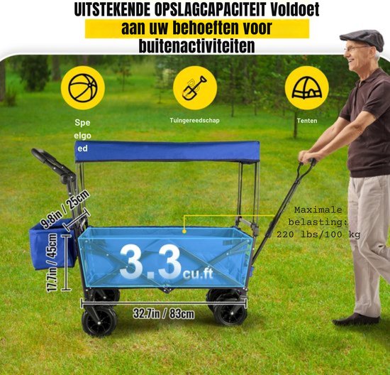 Blauwe Opvouwbare Bolderkar - 220L - Met Duw- en Trekstang - Kindertransport van Merkloos — afbeelding 2