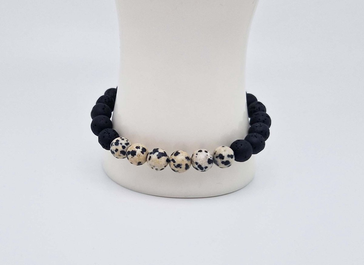 Handgemaakte "Armband Vulkanische" natuurstenen armband “Lava Donker -Jasper Dalmatin ” - 8 mm diameter van de korrel- Diameter armband 20 cm - Een mooi cadeau voor familie en vrienden