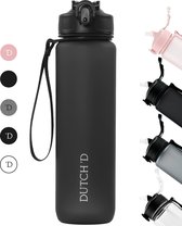 Dutch'D ® - 1 liter Drinkfles - Drinkfles met rietje - Waterfles - Zwart - Drinkfles Volwassenen - Lek Vrij - Cadeau voor haar/hem - Verschillende Drinkflessen en waterflessen - Drinkbeker - Sportfles - Drinkbus