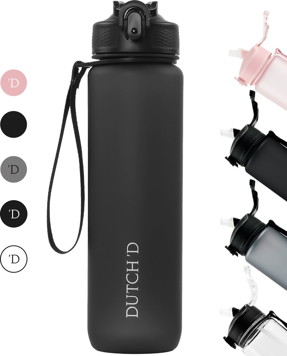Dutch'D ® - 1+1 GRATIS - TIJDELIJKE PROMOTIE - 1 Liter - Waterfles - Drinkfles met rietje - Zwart - Tritan - BPA Vrij - Rietje - Lek Vrij - Drinkfles Volwassenen en Kinderen - Vaatwasser Bestendig - Sport Bidon - Motivatie fles - Cadeau Tip!
