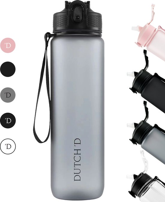 Dutch'D ® - 1 liter Drinkfles - Drinkfles met rietje - Waterfles - Grijs - Drinkfles Volwassenen - Lek Vrij - Cadeau voor haar/hem - Verschillende Drinkflessen en waterflessen - Drinkbeker - Sportfles - Drinkbus