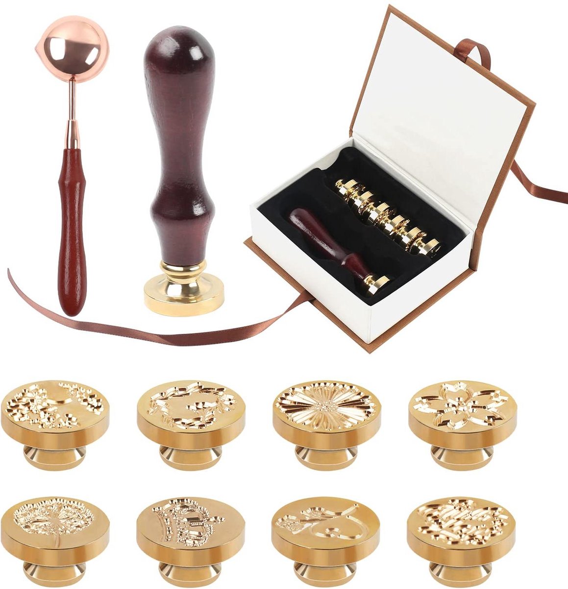 Image of 11-delige waszegelstempelset met vintage zegelstempel en messing koppen - inclusief smeltlepel en geschenkdoos