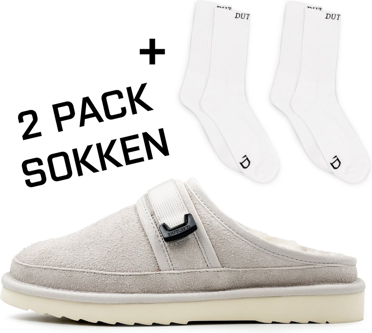 Dutch'D ® - Luxe pantoffel + Set sokken!- Sloffen - Designer- Ease Mule Grijs Cream - Maat 40 - Echt wol! - Heerlijk warm - Ook voor buiten