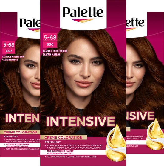 Drie pakken Palette 5-68 Kastanje Middenbruin Intensive Creme Coloration.