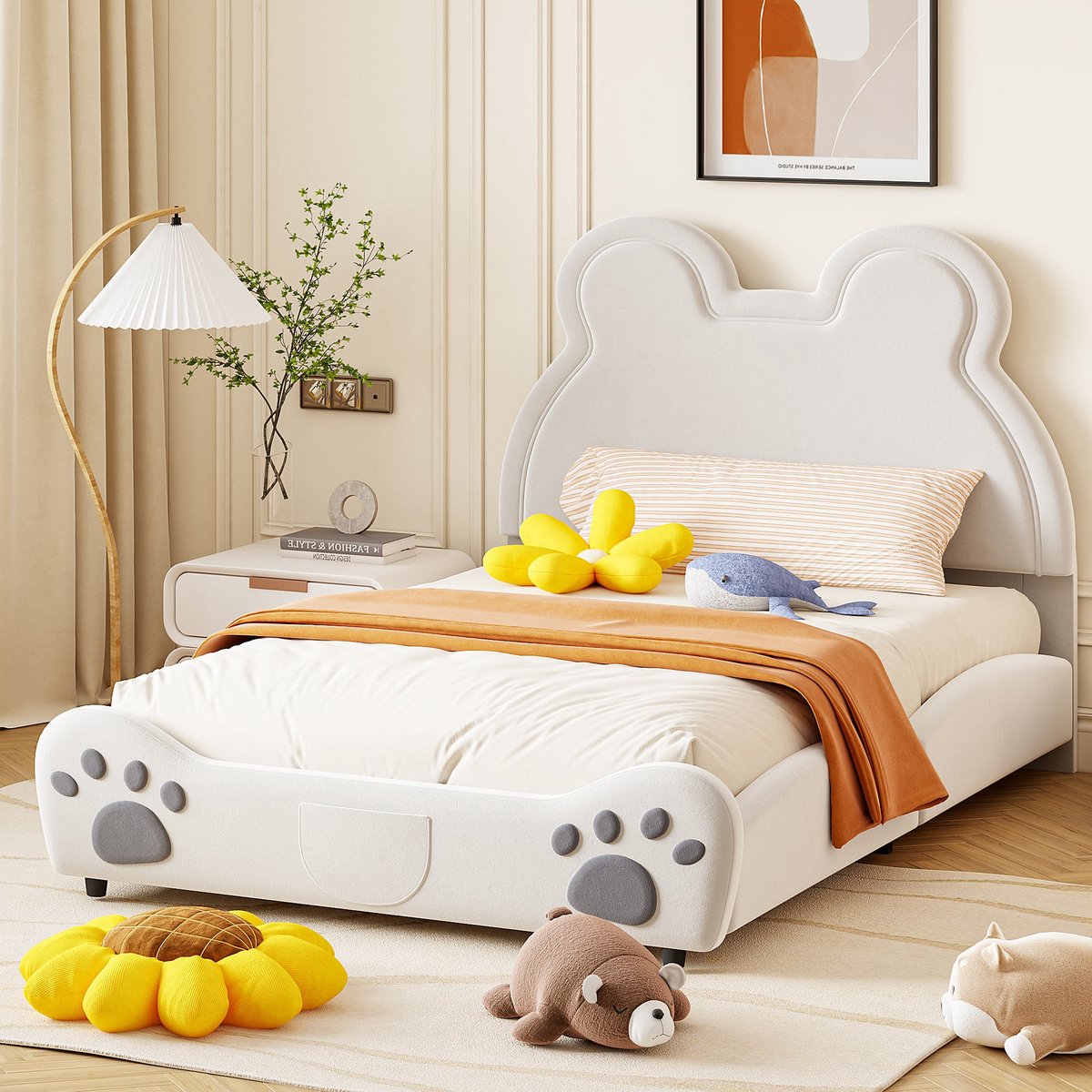 Merax Gestoffeerd Kinderbed 140x200 cm – Bed in Berenvorm met Fluwelen Bekleding – Wit