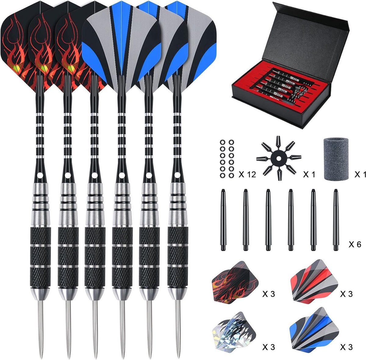 Goodivery ® 3/6 stuks professionele steeldarts, dartpijlen met metalen punt, stalen dartpijlen met pvc-schachten, antislip roestvrijstalen schachten, flights, anti-losse rubberen ringen,