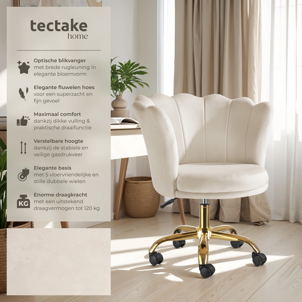 tectake® Bureaustoel - In hoogte verstelbaar draaifauteuil met fluwelen bekleding - Ergonomische schelpvorm - Stoel met wielen - Eetkamerstoel op wieltjes - 360° draaibaar - Bureau Stoel - Wit – foto 2