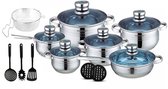Royalty Line® 1801B Pannenset Inductie - 18 Delig Pannensets - Pannen Geschikt Voor Alle Warmtebronnen - Blauwe Glazen Deksels Met Thermoknop - Pan Met 2 Pannenonderzetters en Extra Accesoires - RVS