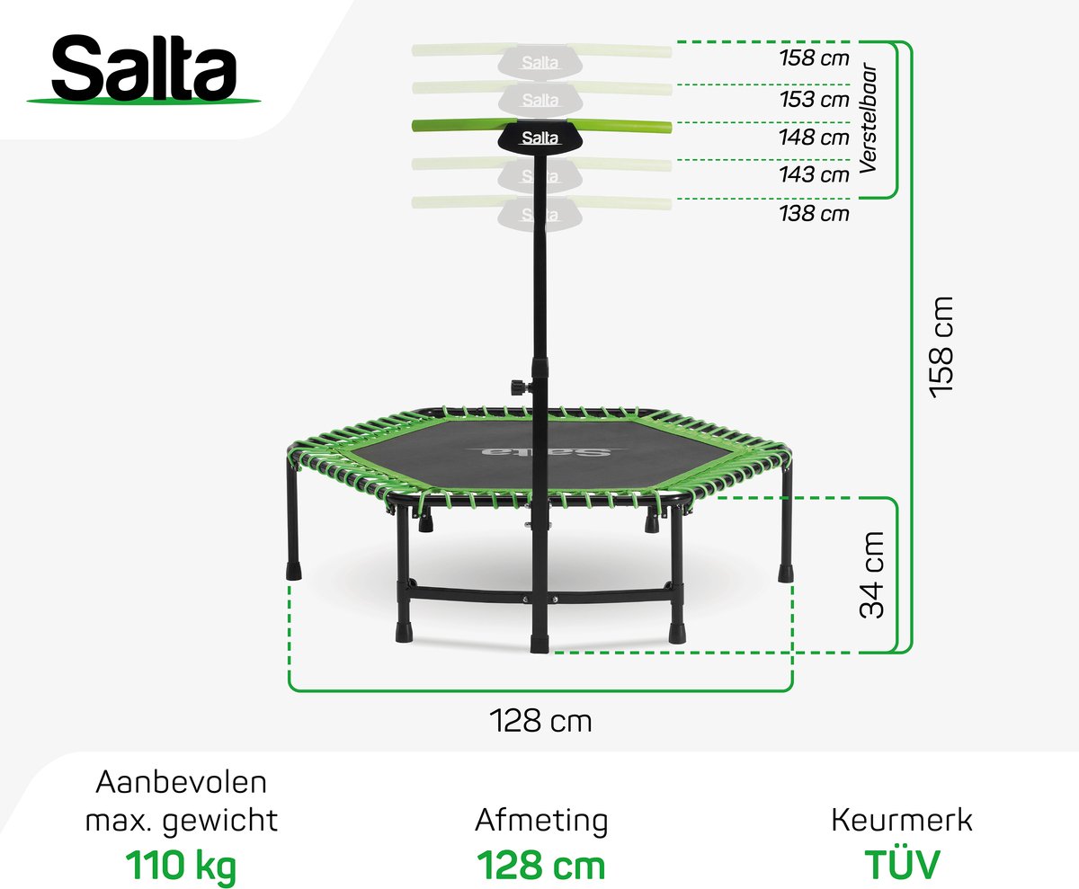Salta Fitness - 128 cm - Belastbaar tot 110 kg - Fitness / sport trampoline met verstelbaar handvat - Elastieken veren, stevig frame - Mini trampoline volwassenen met handgreep in 5 hoogtes - Groen — afbeelding 7