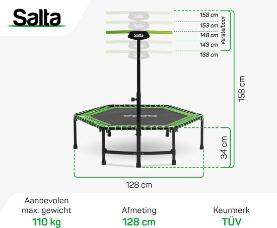 Salta Fitness - 128 cm - Belastbaar tot 110 kg - Fitness / sport trampoline met verstelbaar handvat - Elastieken veren, stevig frame - Mini trampoline volwassenen met handgreep in 5 hoogtes - Groen