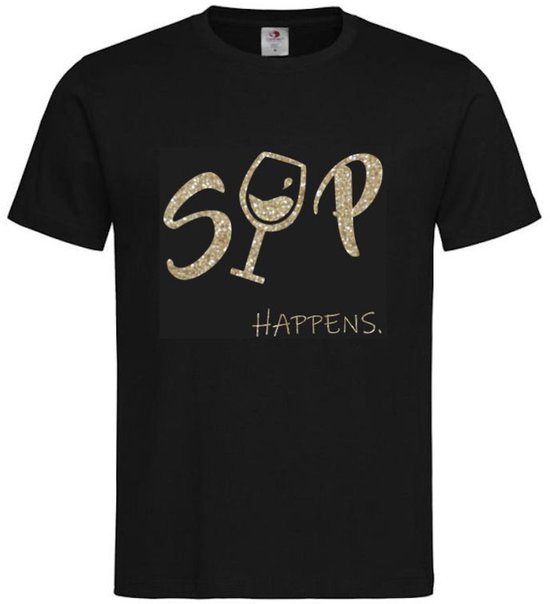 Zwart T-shirt met de tekst "Sip happens" in champagnekleurige glitter. Korte mouwen.