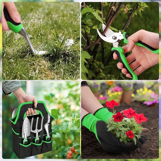Ensemble d'outils de jardin Candala, outil de jardin, 7 pièces, en acier inoxydable, outil à main de jardin avec sécateur de jardin, râteau de jardin, trois pelles à planter, désherbeur, sac à main, cadeau de jardin pour le jardinage
