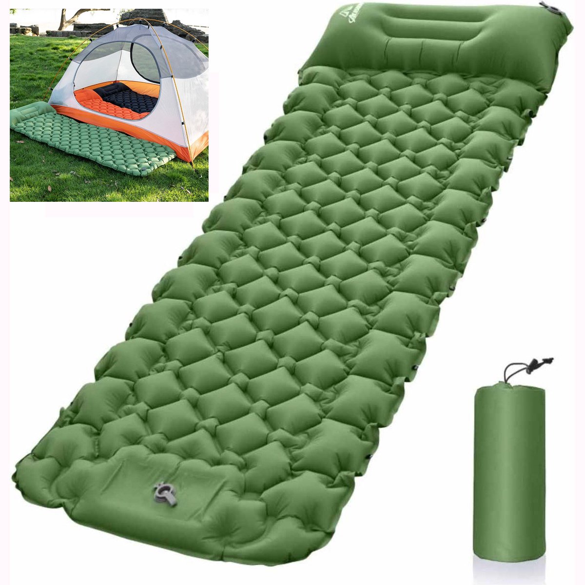 Slaapmat（190*60cm）1persoon-Opblaasbaar matras-Ultralichte Opblaasbare Camping Mat met Kussen - Duurzame-Lichtgewicht-Campinguitrusting voor Outdoor Avonturen - Bosgroen