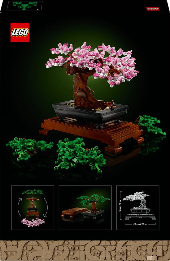 LEGO Bonsaiboompje met roze bloesems, groene bladeren, en technische details.