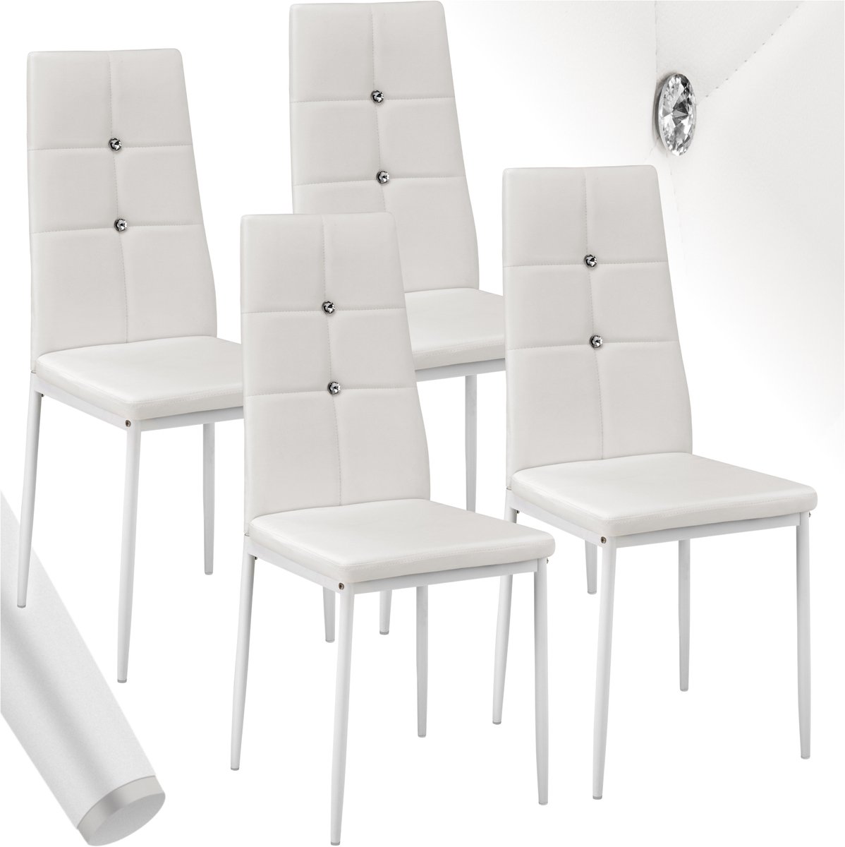 Tectake Moderne Stoelen - Set Stoelen met Kunstleren Bekleding en Strass-Steentjes - Geschikt als Keukenstoel, Eetkamerstoel of Gestoffeerde Stoel voor Woonkamer, Eettafel, Bar (Wit, set van 4)