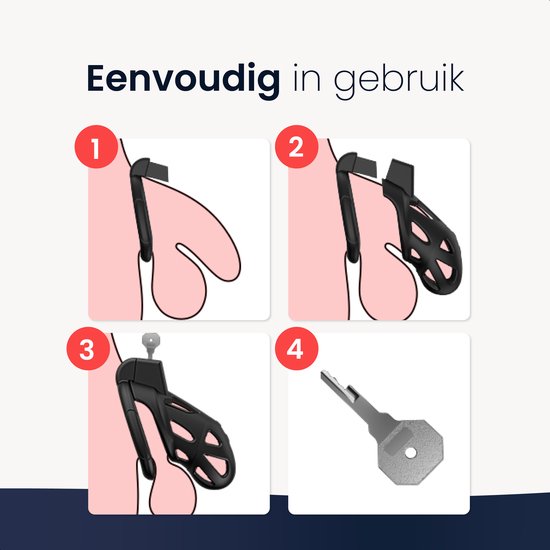 Instructies voor het gebruik van de kuisheidskooi: 4 stappen met illustraties van montage op penis en het gebruik van de sleutel.